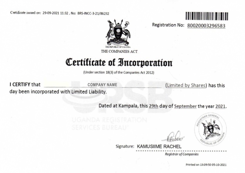 Uganda Certificate of Incorporation